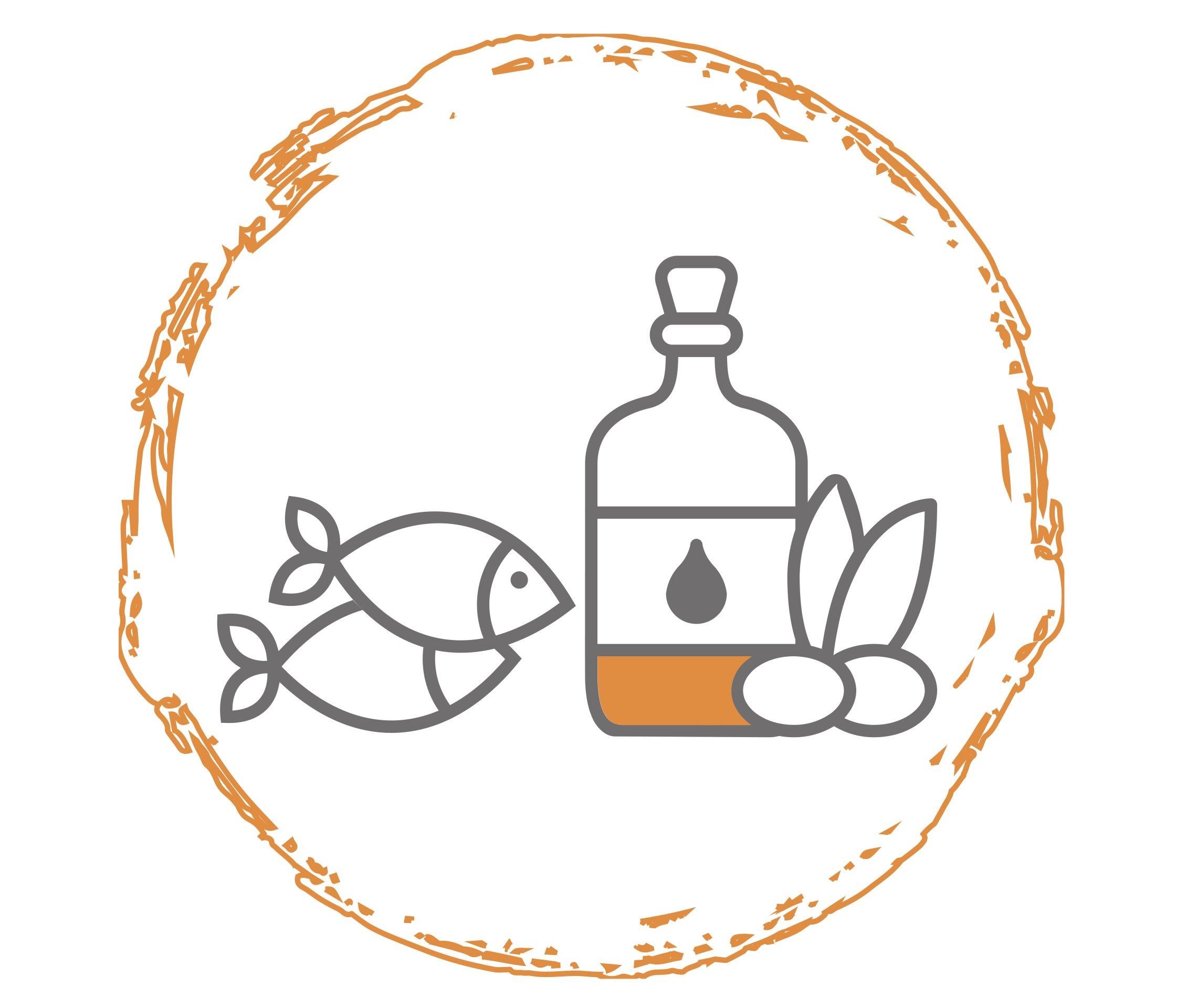 Ölflasche und zwei Fische